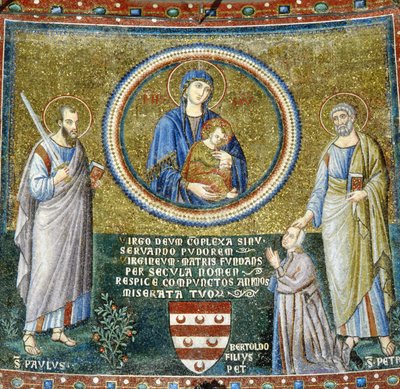 Madonna e Bambino tra i Santi Pietro e Paolo con il patrono Stefaneschi (mosaico) da Pietro Cavallini